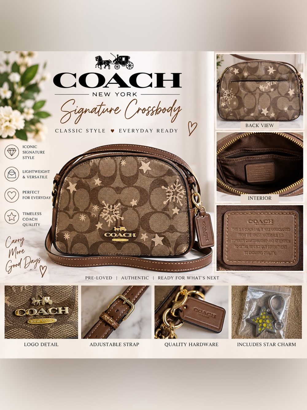 Coach Signature C Snowflake Star Print Crossbody Bag Brown